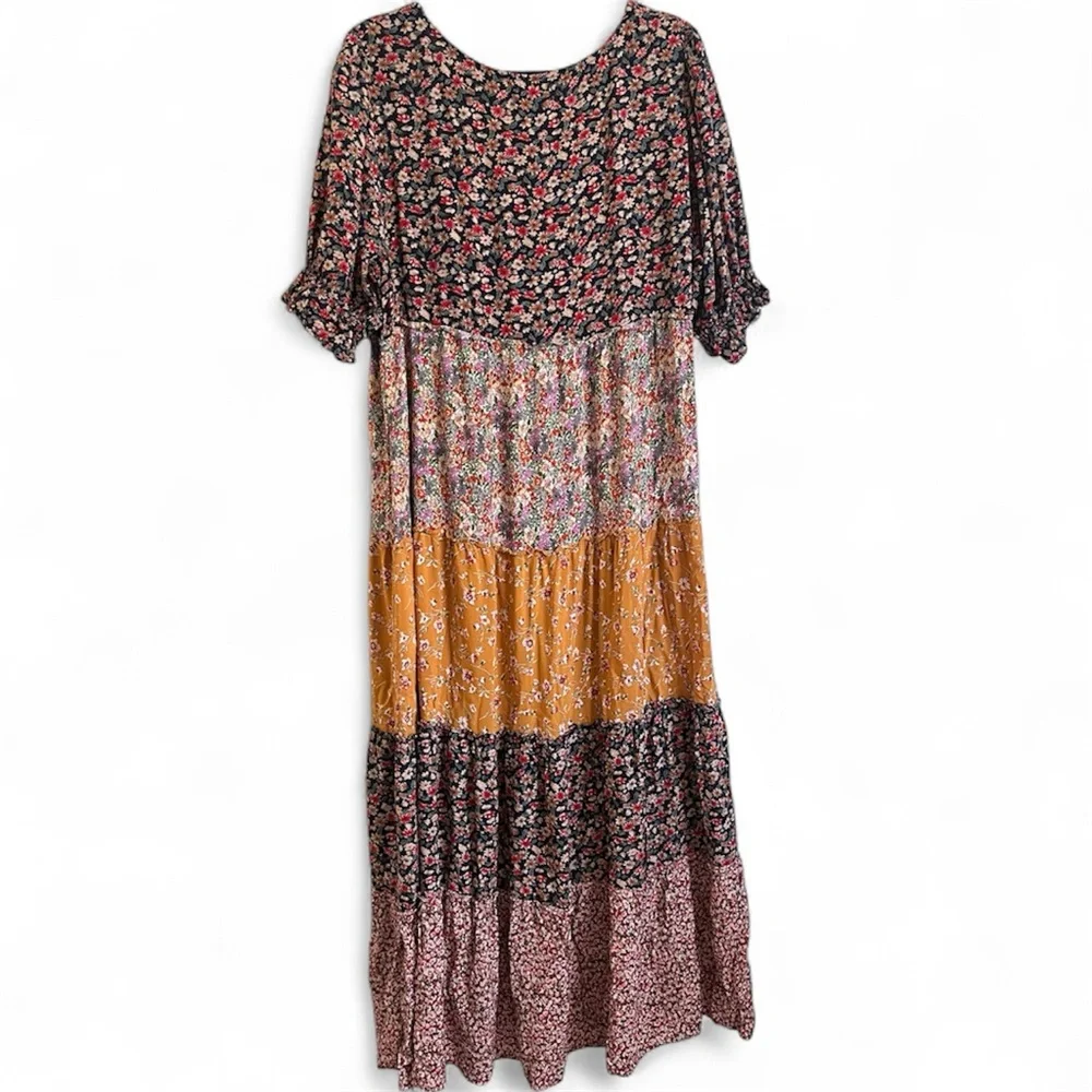 Natural Life Mixed Floral Print Tiered Colette Maxi Dress Blue Red Gold Large - Picture 7 of 11